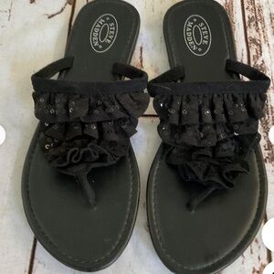 Steve Madden  Black Lola fabric Ruffle Embellished Sequin Thong Sandal". 7-8